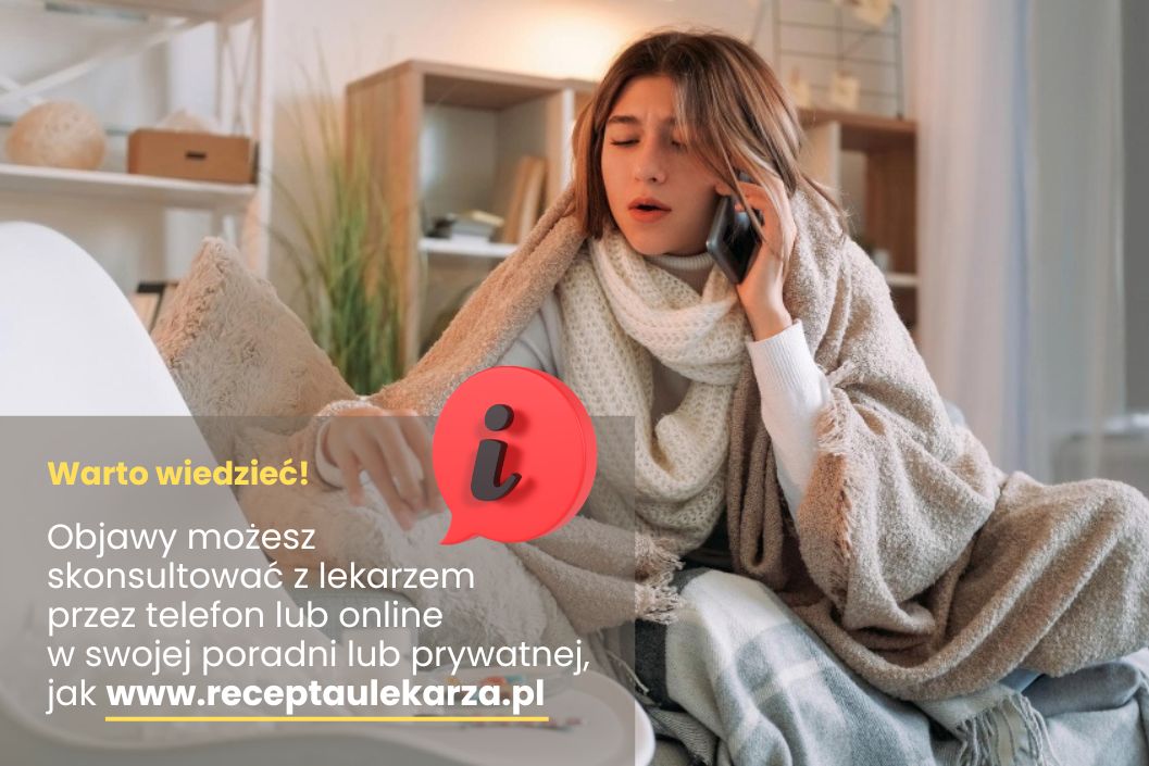 chora kobieta rozmawia przez telefon, czy konsultuje online swoje objawy z lekarzem?