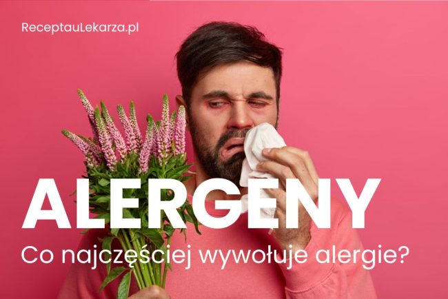 zakatarzony mężczyzna na różowym tle z bukietem kwiatów, wycierający nos, na zdjęciu napis Alergeny co najczęściej wywołuje alergie