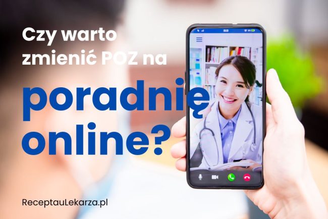Mężczyzna trzyma smartphone, na którym rozmawia z lekarką na wideo. Na grafice naniesiono napis Czy poradnia online może zastąpić POZ